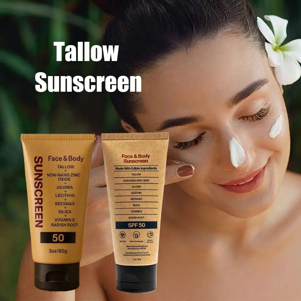 Beef Tallow Sunscreen Organic Non-greasy Formula Face Cream Natural Tasteless Sun Block SPF 50+ UV Protective Sunblock Skin Care