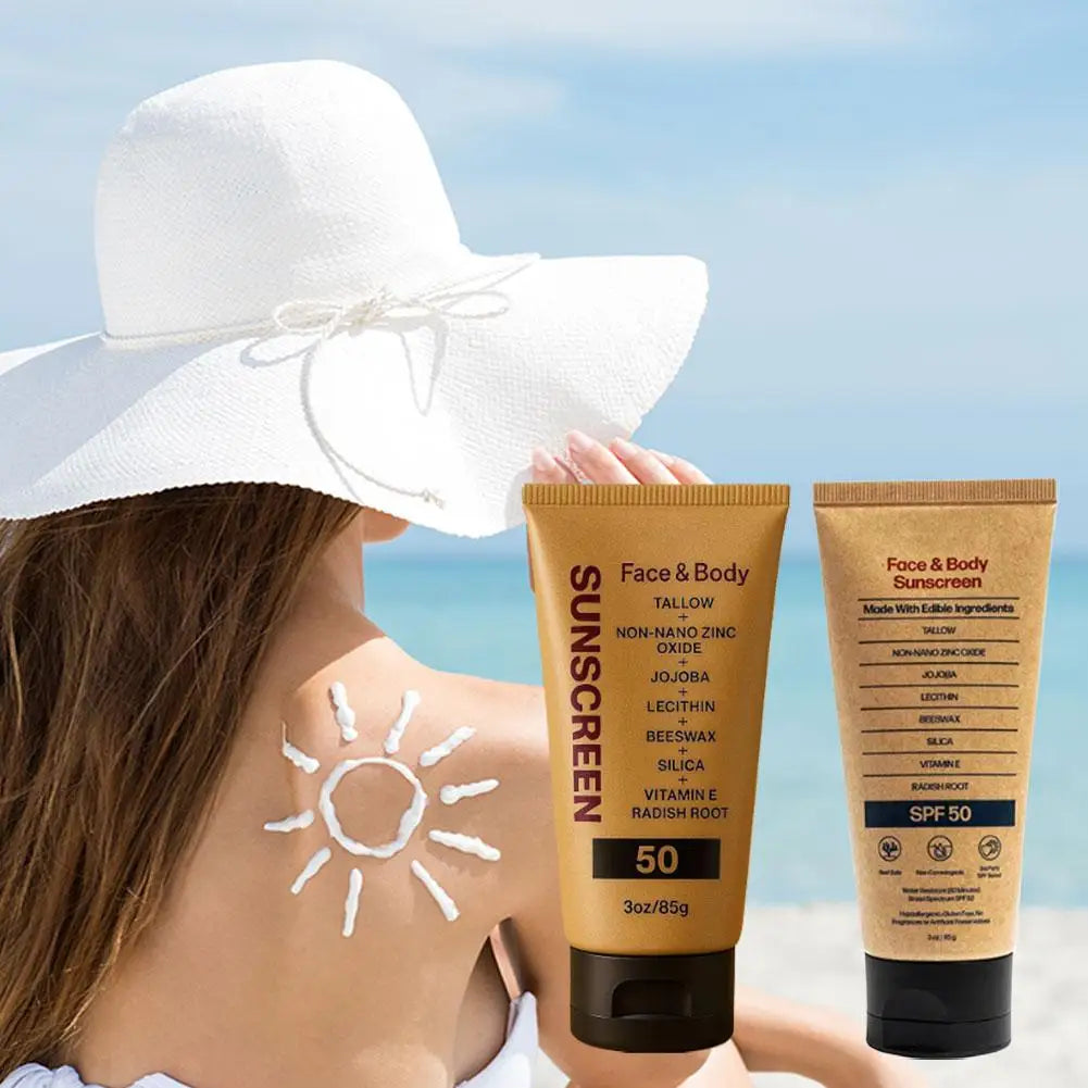 Beef Tallow Sunscreen Organic Non-greasy Formula Face Cream Natural Tasteless Sun Block SPF 50+ UV Protective Sunblock Skin Care