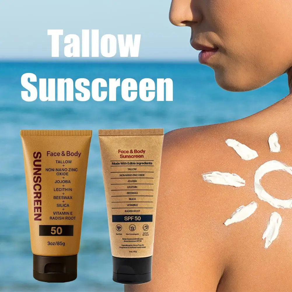Beef Tallow Sunscreen Organic Non-greasy Formula Face Cream Natural Tasteless Sun Block SPF 50+ UV Protective Sunblock Skin Care
