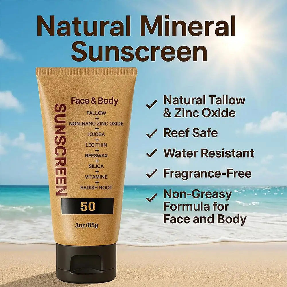 Beef Tallow Sunscreen Organic Non-greasy Formula Face Cream Natural Tasteless Sun Block SPF 50+ UV Protective Sunblock Skin Care